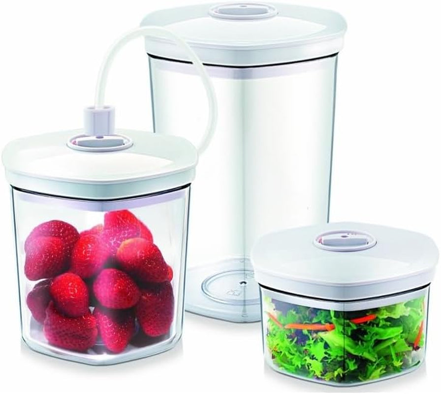 CASO Juego de recipientes al vacío, resistentes a roturas y aptos para lavavajillas, 3 recipientes al vacío para alimentos y líquidos sensibles a la presión, se adapta a todas las envasadoras al vacío CASO con conexión de manguera, cajas apilables para almacenamiento de alimentos Naty Shop Single