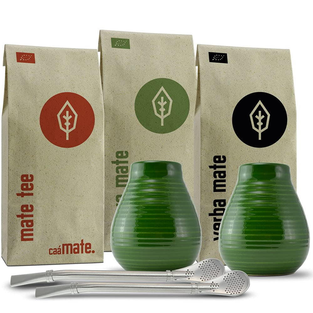 Juego de mate para dos, orgánico ● 2 tazas de mate + 2 bombillas + 300 g de mate + instrucciones de preparación
