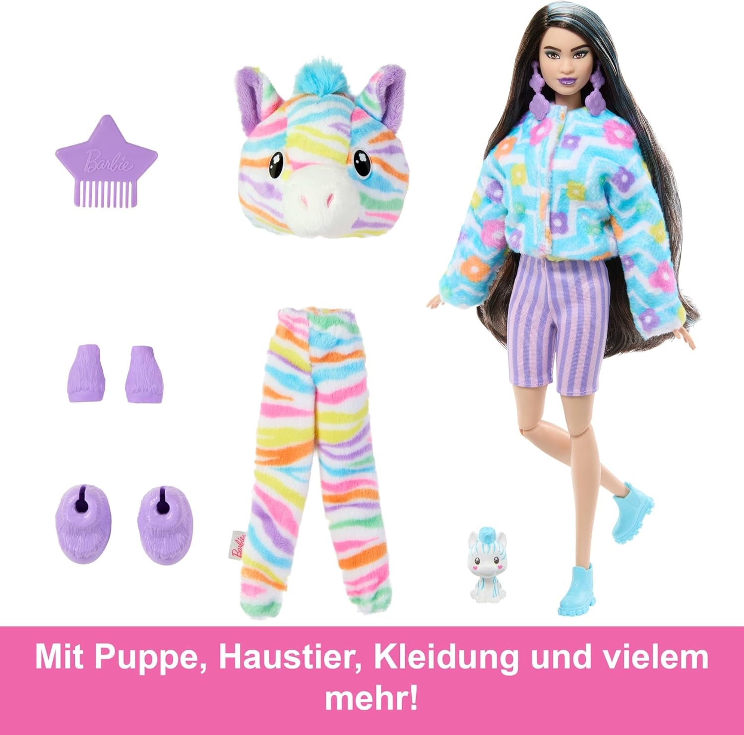 Muñeca Barbie Cutie Reveal y accesorios, conjunto de felpa Rainbow Zebra y 10 sorpresas que cambian de color, gama Color Dream, HRK39