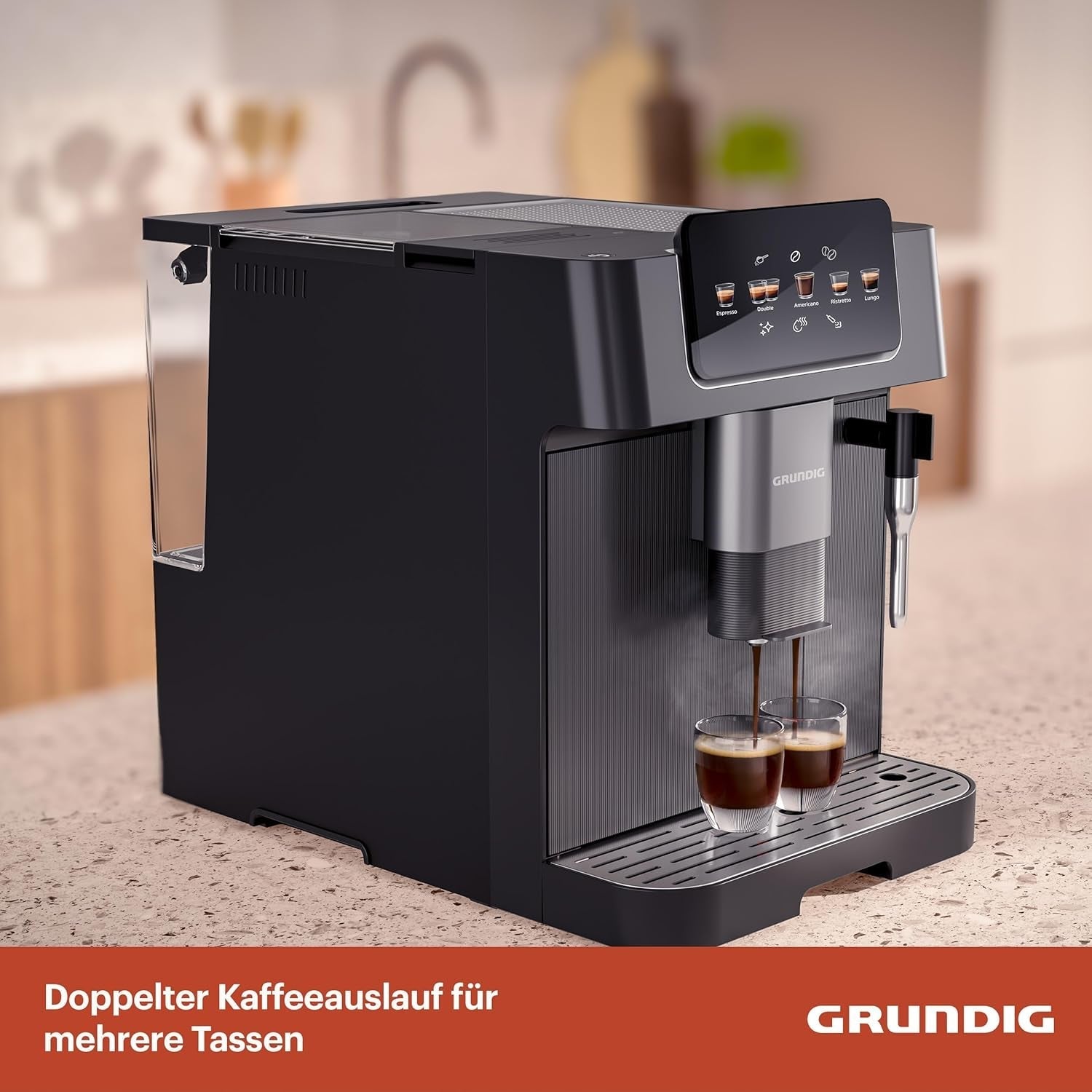 GRUNDIG KVA 6230 Cafetera espresso totalmente automática con espumador de leche, molinillo de acero inoxidable con 13 niveles de molienda, recipiente de granos de 250 g, depósito de agua extraíble de 2 litros, presión de la bomba 19 bar, pantalla táctil, negro