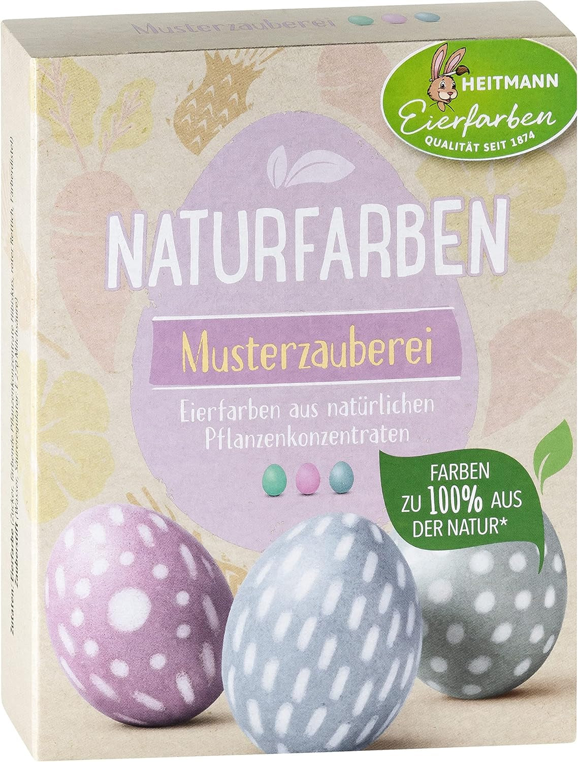 Heitmann Egg Dye Juego de tintes naturales, 3 tintes en polvo para huevos (amarillo, morado, gris azulado), hoja de pegatinas de papel de hierba