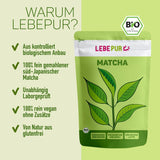 Lebepur BIO Matcha en polvo 100G - Calidad Premium de Japón Sin aditivos - Té verde en polvo 100% puro para Matcha Latte, té Matcha, té verde, batido - Té verde japonés