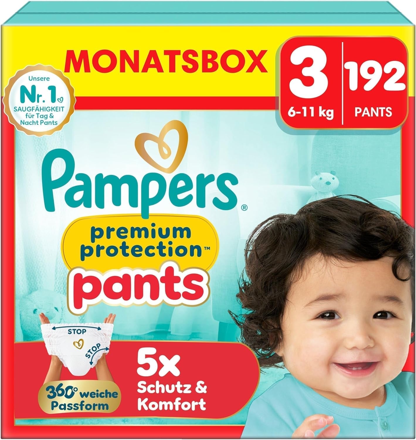 Pampers Premium Protection Pants Talla 7, 123 pañales, 15 kg+, con ajuste de 360° y puños suaves antifugas para una comodidad y protección óptimas