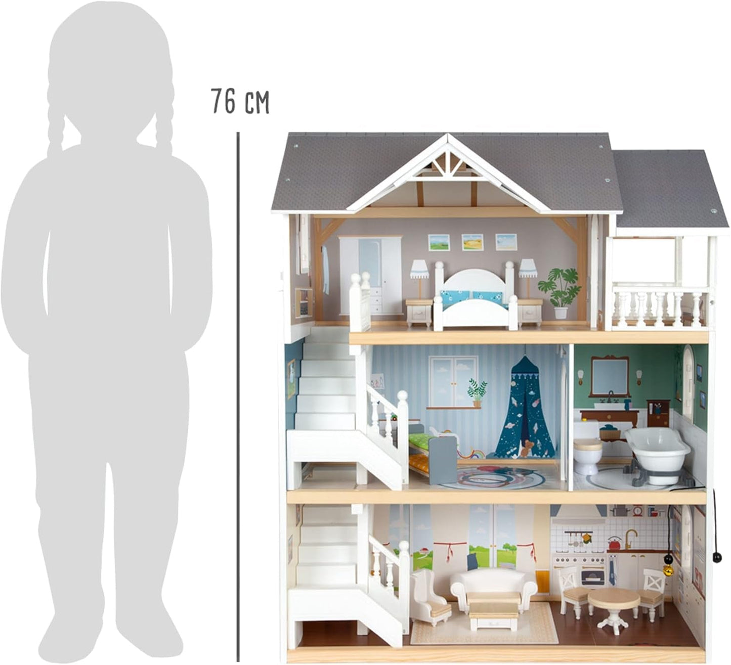 Small Foot Casa de Muñecas Casa Adosada de Madera de 3 Pisos con Frente Abierto y 12 Muebles para 3 Años y Más 11802 Casas de Muñecas Blanco Gris Naty Shop