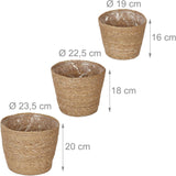 Relaxdays Macetero de algas marinas, juego de 3 maceteros redondos para flores y hierbas con papel de aluminio, macetero de 3 tamaños natural