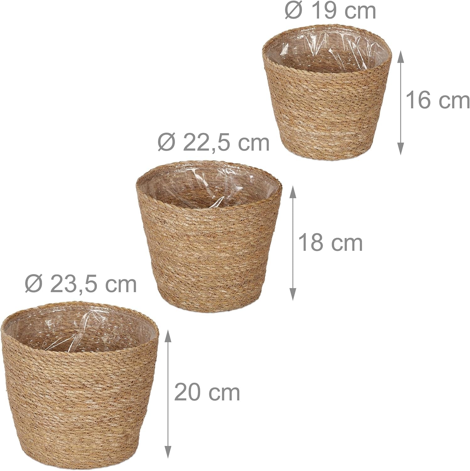 Relaxdays Macetero de algas marinas, juego de 3 maceteros redondos para flores y hierbas con papel de aluminio, macetero de 3 tamaños natural