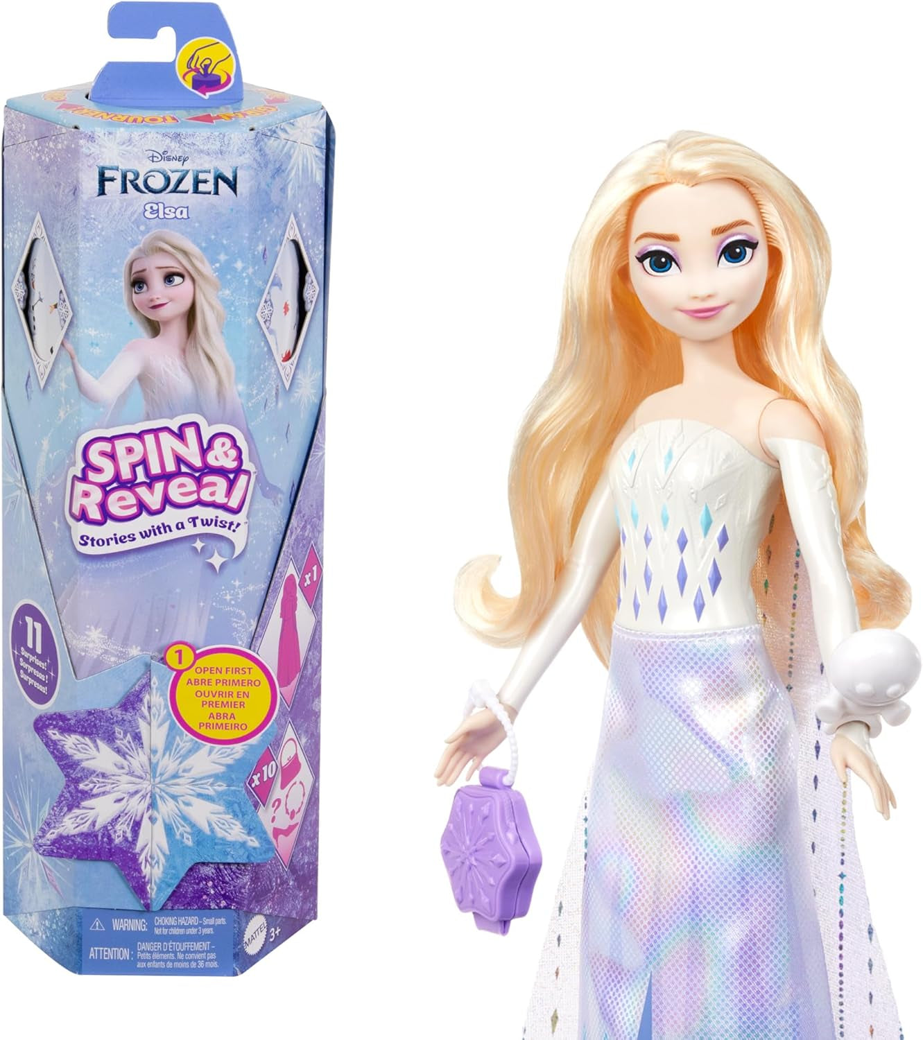 Mattel Disney The Ice Queen Elsa Fashion Doll Set, Spin & Reveal con 11 sorpresas, incluyendo 5 accesorios, 5 pegatinas y una escena de juego, inspirado en la película de Disney, HTG25 Naty Shop Dolls Muñeca Elsa