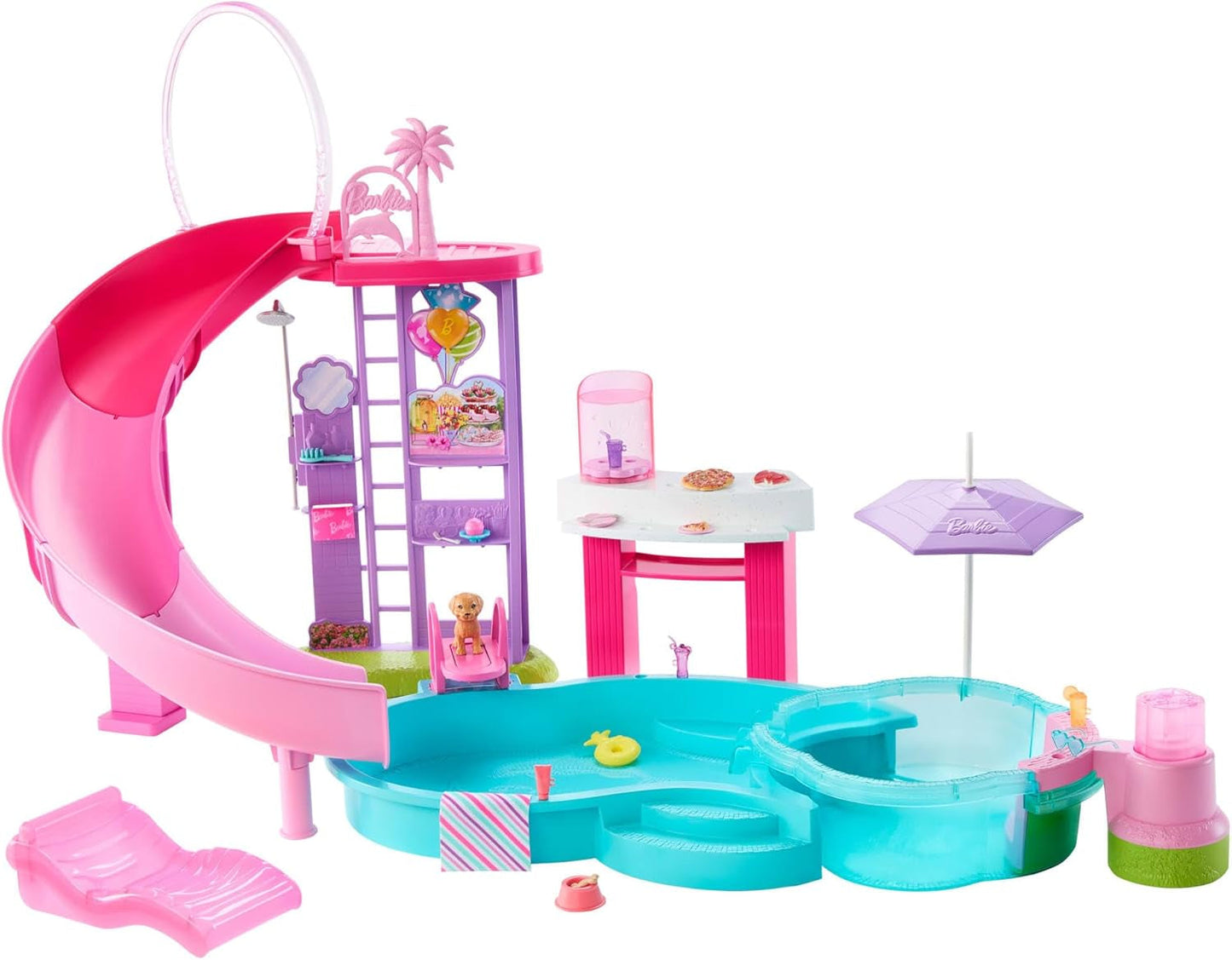 Barbie Dream Pool Playset con seis áreas de juego que incluyen un tobogán y un jacuzzi, además de más de 20 accesorios como una mascota, flotadores y más, JKG83