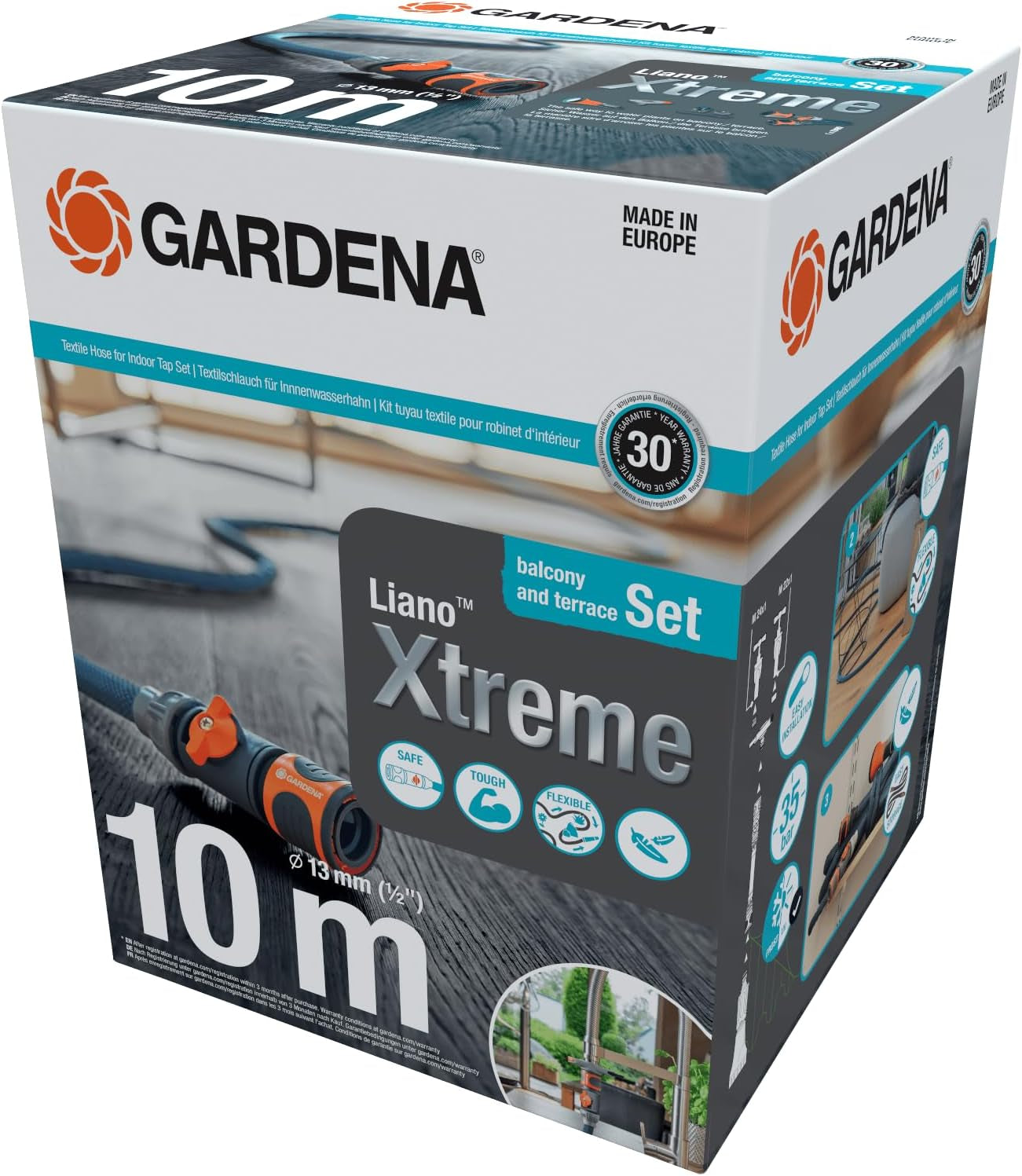 Manguera textil Gardena Liano Xtreme 1/2", juego 10 metros + adaptador interior