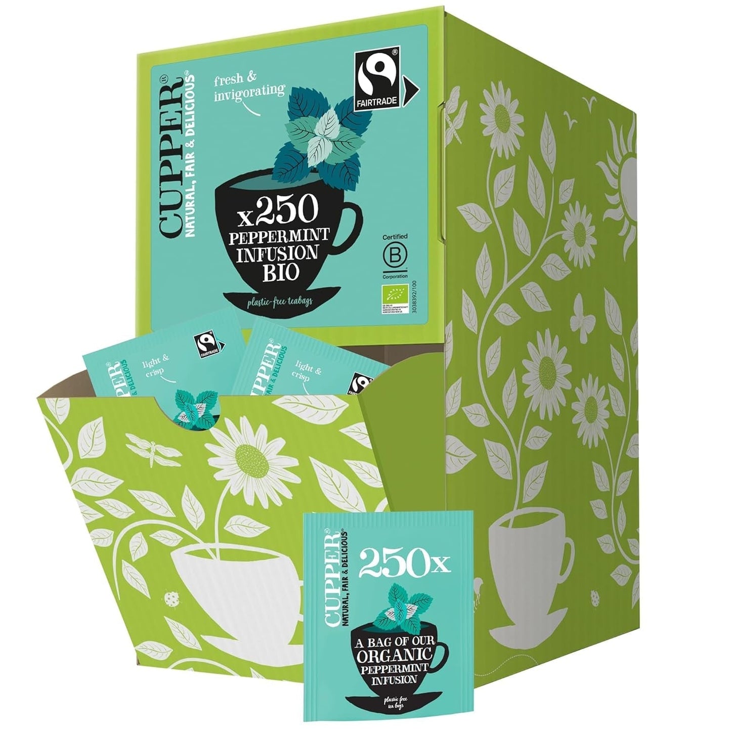 Taza Té de frutas orgánico Arándano Frambuesa | Té de frambuesa | 250 bolsitas de té sin blanquear | Paquete grande | Perfecto para la oficina | Ecológico | Comercio justo