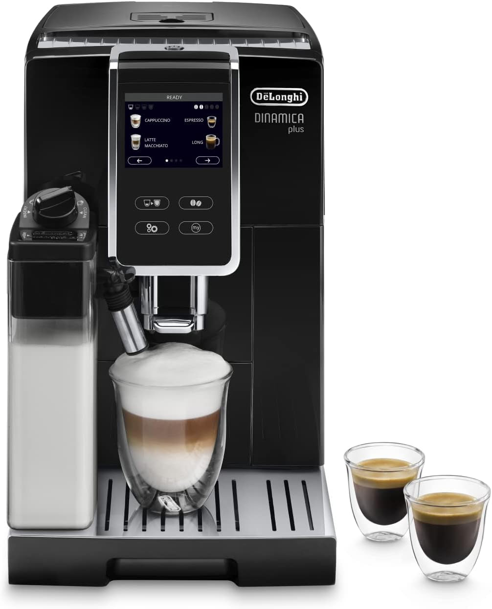 De'Longhi Dinamica Plus ECAM 370.70.B Cafetera espresso totalmente automática con sistema de leche LatteCrema, capuchino y espresso, pantalla táctil a color TFT de 3,5 pulgadas y control mediante aplicación, función café, negra