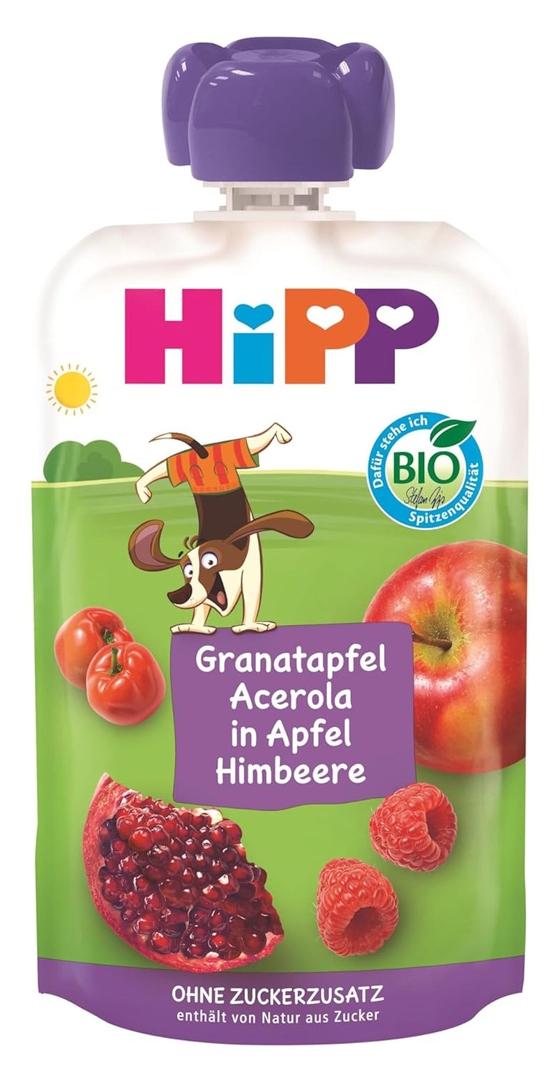 HiPP Organic Fruit Plus sobres con granada y acerola en una mezcla de manzana y frambuesa - Ben Beagle (8 x 100g), a partir de 1 año, 100% puré de frutas, sin azúcares añadidos, vegano, la mejor calidad biológica