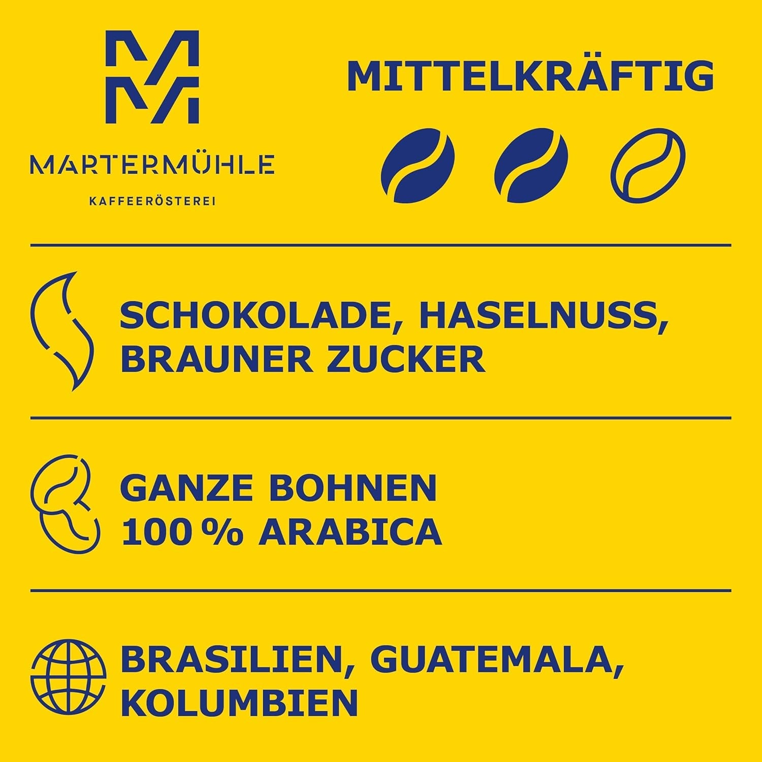 Martermühle Café Crème Kaffeebohnen 500g mittelkräftig I Arábica I Sabores: Brauner Zucker, Haselnuss, Schokolade I Ganze Kaffeebohnen schonend geröstet, säurearm