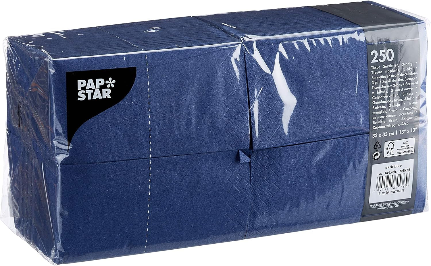 Papstar 84576250 pañuelos, 3 capas, pliegue 1/8, 33 cm x 33 cm, azul oscuro