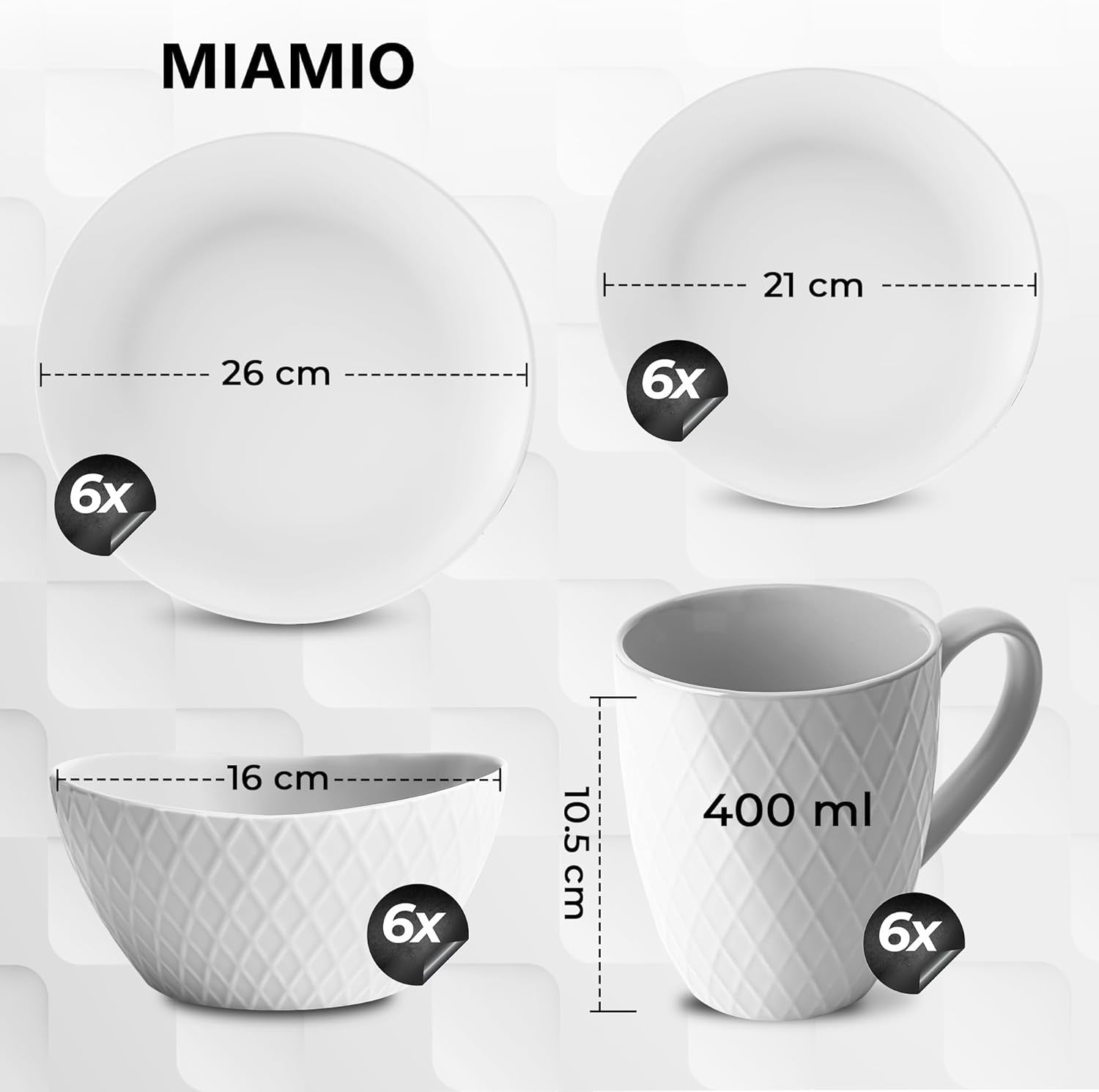 MIAMIO - Vajilla de Cerámica, 24 Piezas, Servicio Combinado para 6 - Apto para Lavavajillas y Microondas - Colección Palmanova (Blanco)