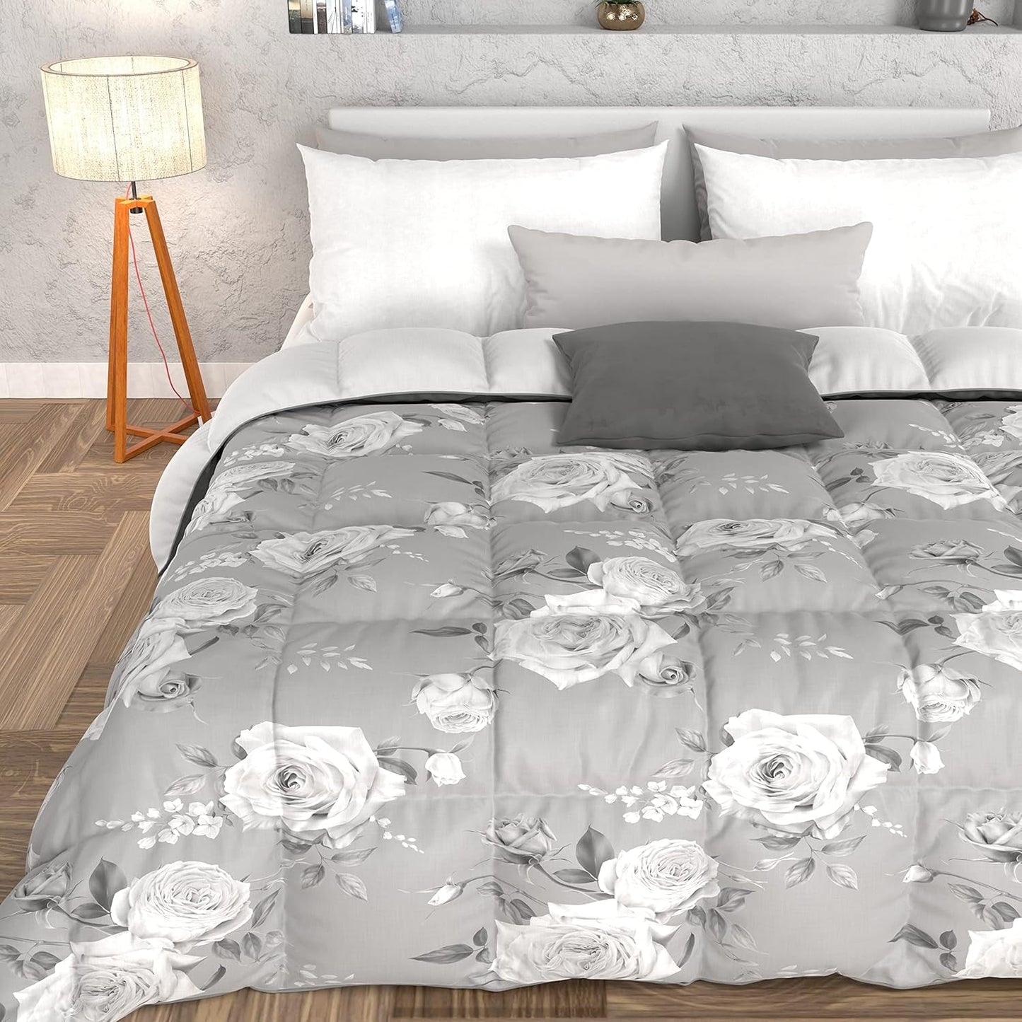 PETTI Artigiani Italiani - Edredón de invierno, Edredón de invierno, Edredón sencillo, Doble cara, Monocolor e impresión digital, 100% microfibra antialérgica, Made in Italy Edredones y edredones Naty Shop Flores 21 Gris 160 X 190 Cm