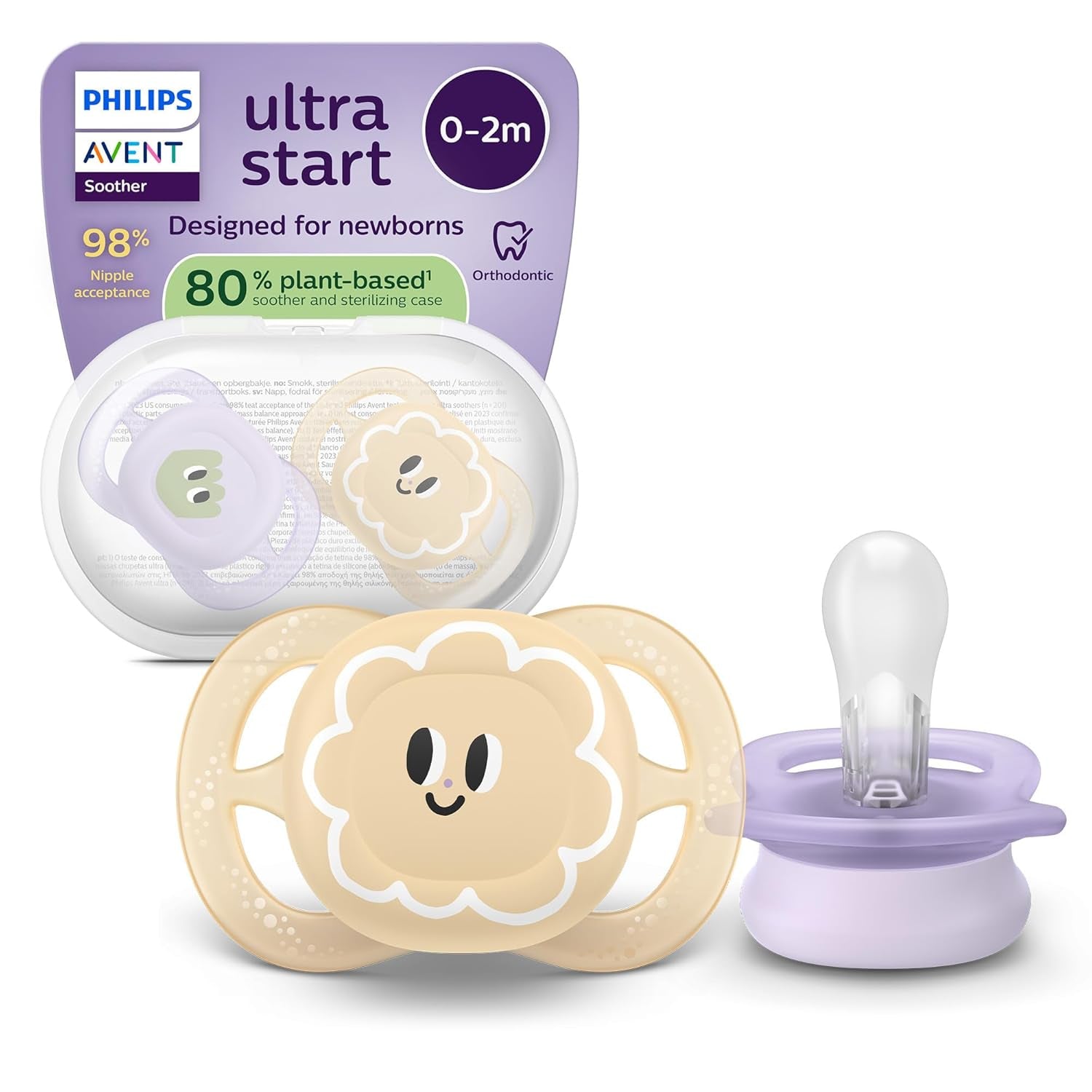 Philips AVENT Chupete nocturno Ultra Start, Chupete ortodóntico para recién nacidos, Brilla en la oscuridad, Sin BPA, con contenedor de esterilización, Paquete doble, Luna, Estrella, SCF075/07