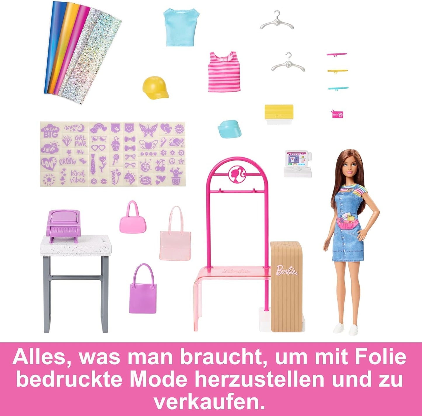 Barbie Fashion Boutique Playset - Muñeca con patrón de aluminio, más de 150 looks originales, incluye 2 blusas y 5 sábanas de aluminio, perchero y lector de tarjetas de crédito, a partir de 3 años, HKT78