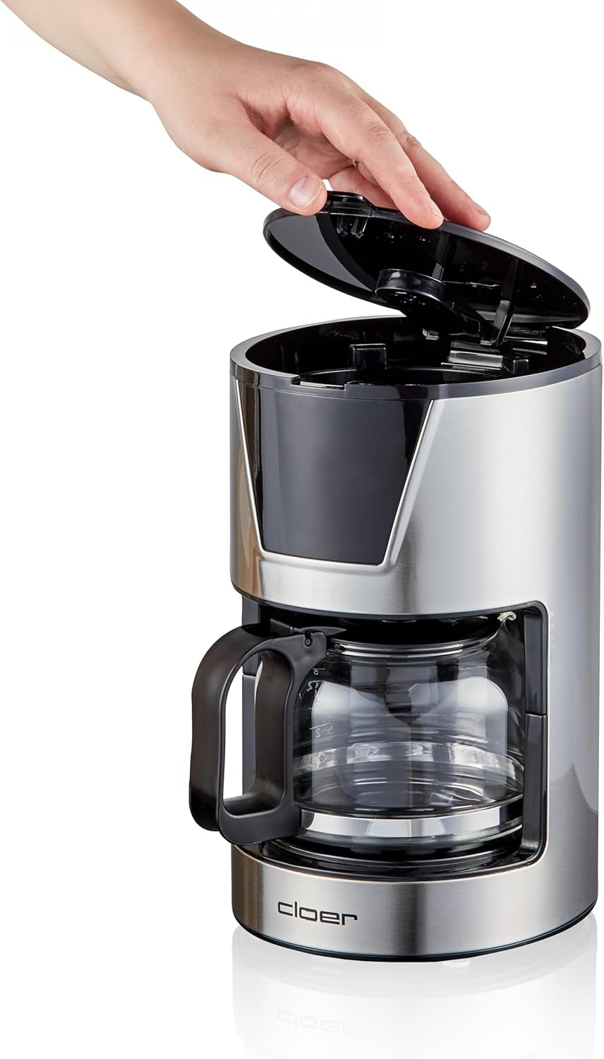 Cloer Cafetera espresso con filtro de 6 tazas, Función suave para mantener caliente, Jarra de vidrio, Cuchara medidora, Indicador de nivel de agua, Sistema antigoteo, Apagado automático, Tamaño del filtro 1x2, 550W, Acero inoxidable