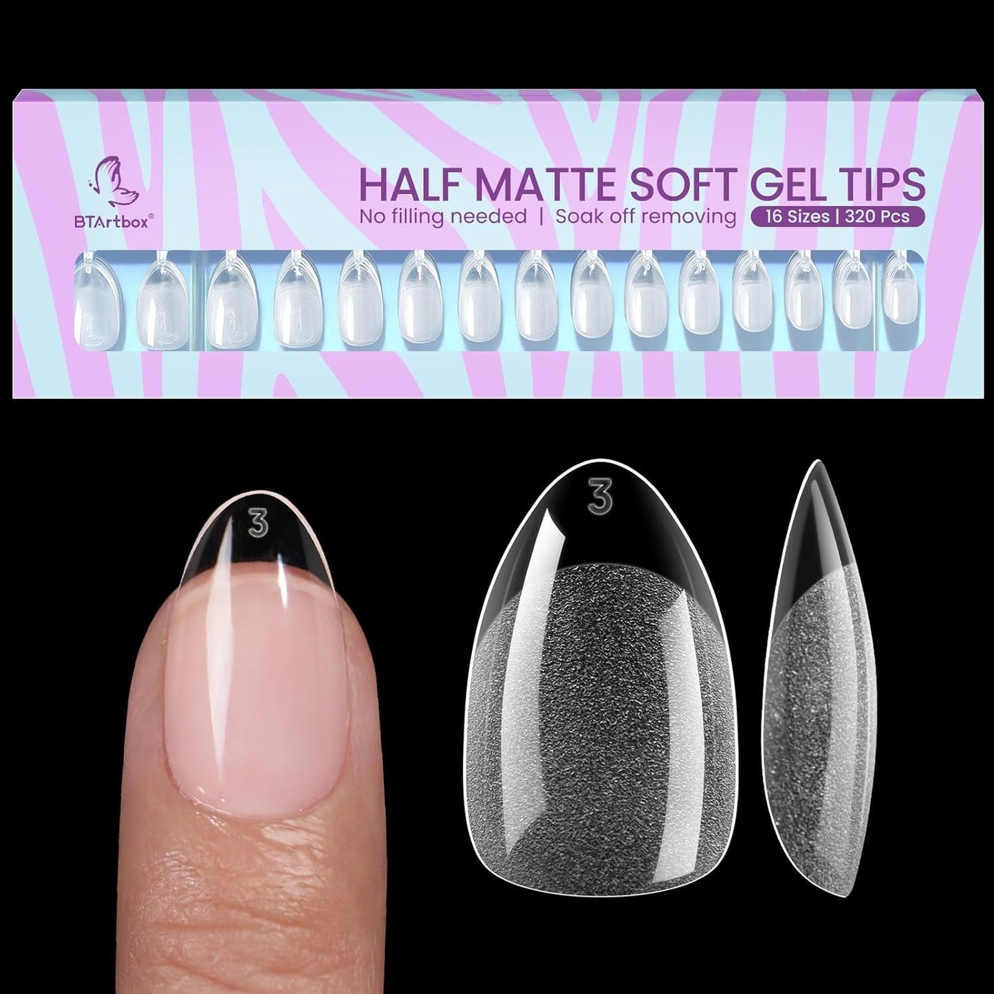 Btartbox Puntas de uñas extra cortas de almendra - Gel de cobertura completa X Puntas de uñas de gel suave XS - Semimate preformado para salón de uñas anchas 320 piezas