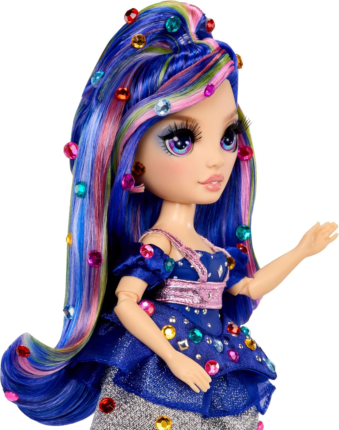Rainbow High Be Dazzling - Genevieve Bleue - Muñeca de moda azul de 28 cm con herramienta de adorno, piedras preciosas brillantes y accesorios de peinado
