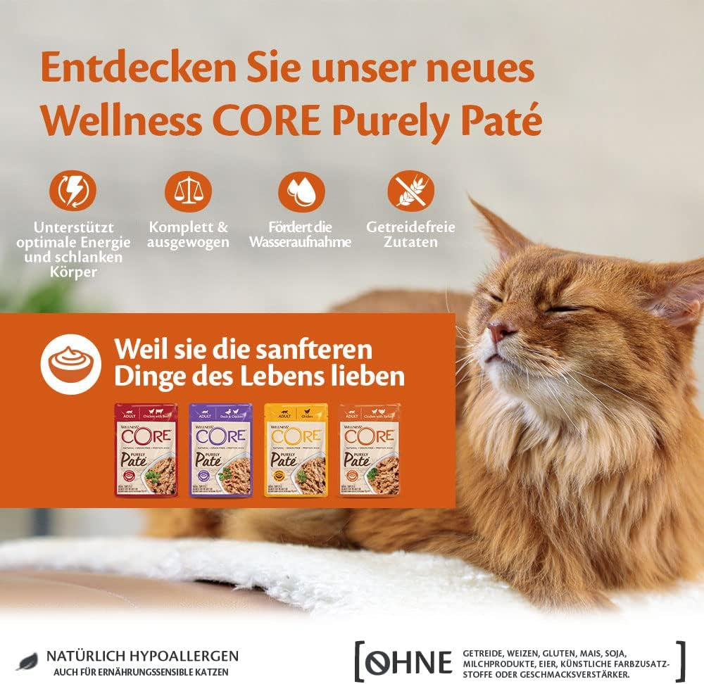 Wellness CORE Purely Paté 24 x 85g, Pollo y Pavo - Comida húmeda para gatos, paté fino, sin cereales, natural, hipoalergénico, alto en proteínas, alto en carne