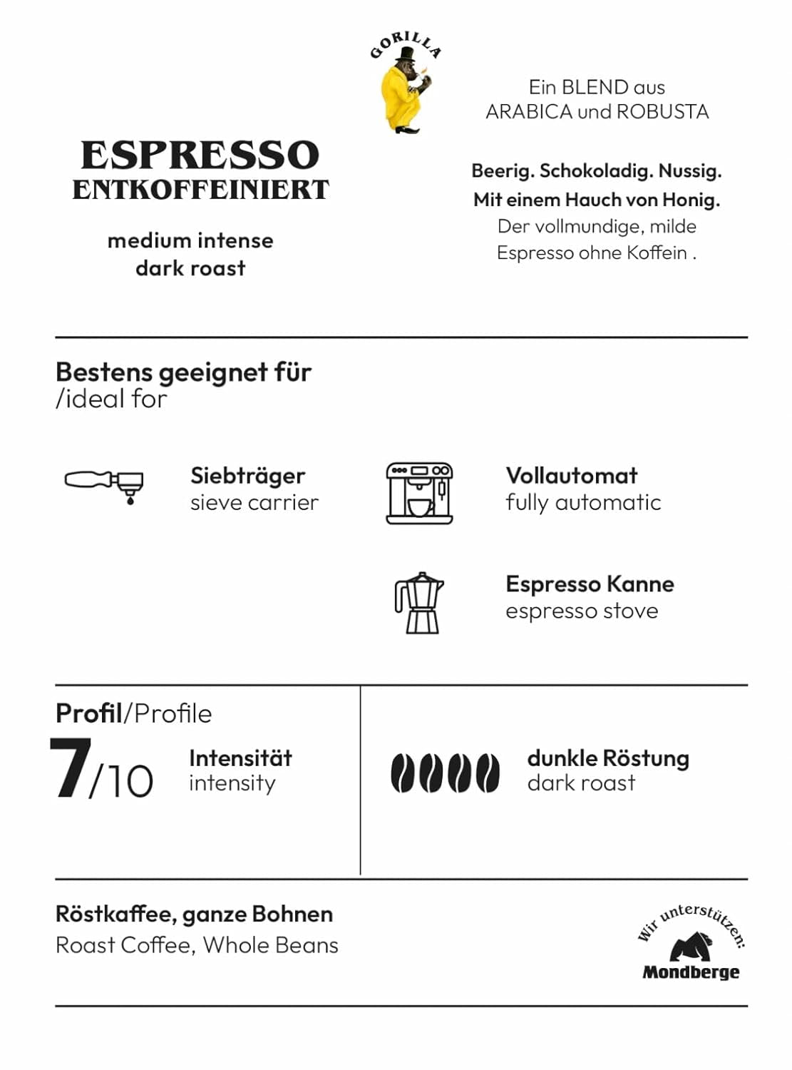 Espresso GORILLA 1000g descafeinado, granos enteros