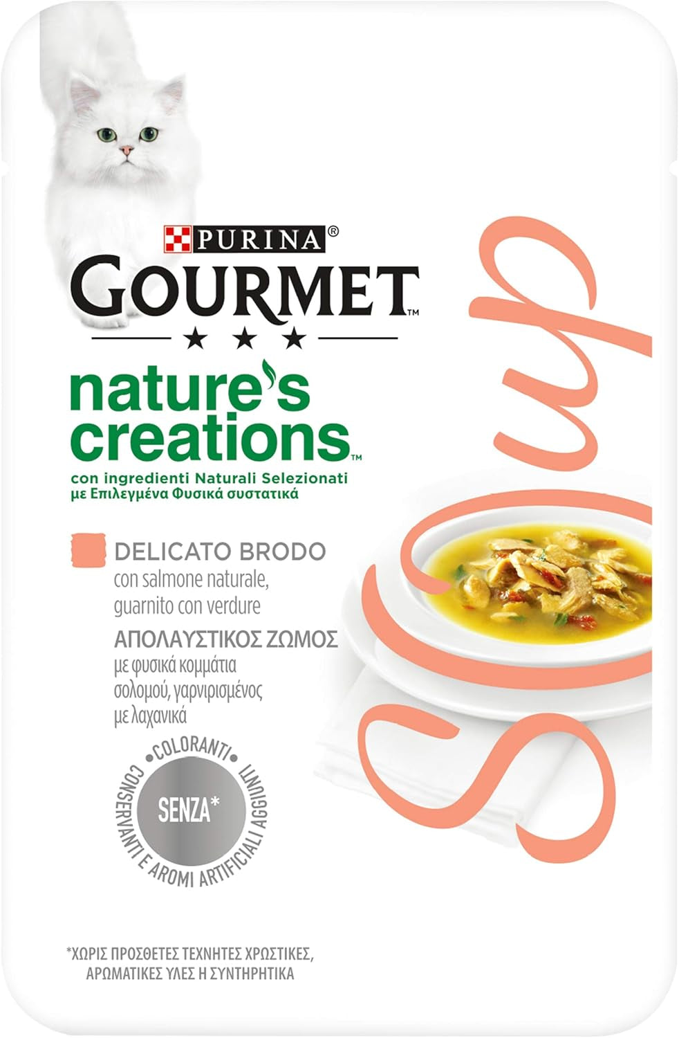 Crystal Delicate Suppenfond für die Katze, mit natürlichem Lachs, garniert mit Gemüse, 40 g, 32 unidades