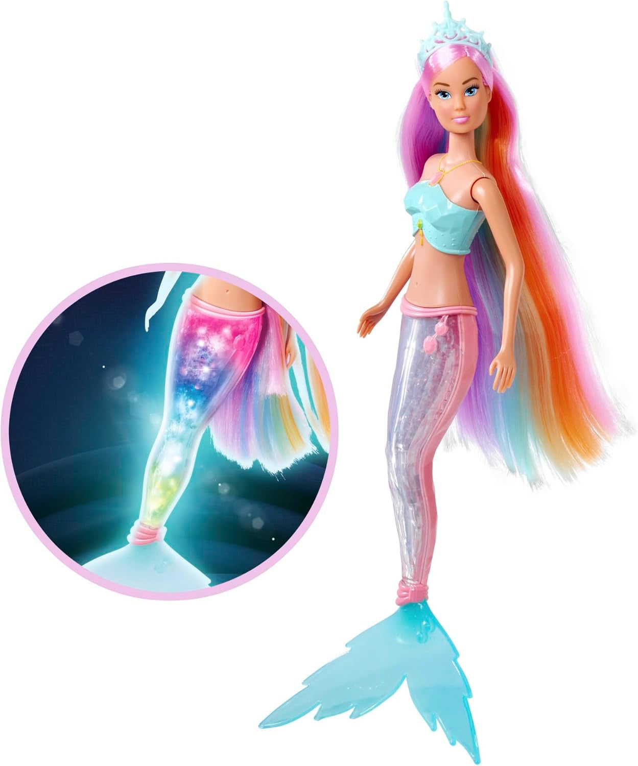 Steffi Love Magic Rainbow Mermaid, Muñeca Sirena con Función de Luz Mágica Arco Iris y Pelo Extra Largo, 39 cm, Edad 3+