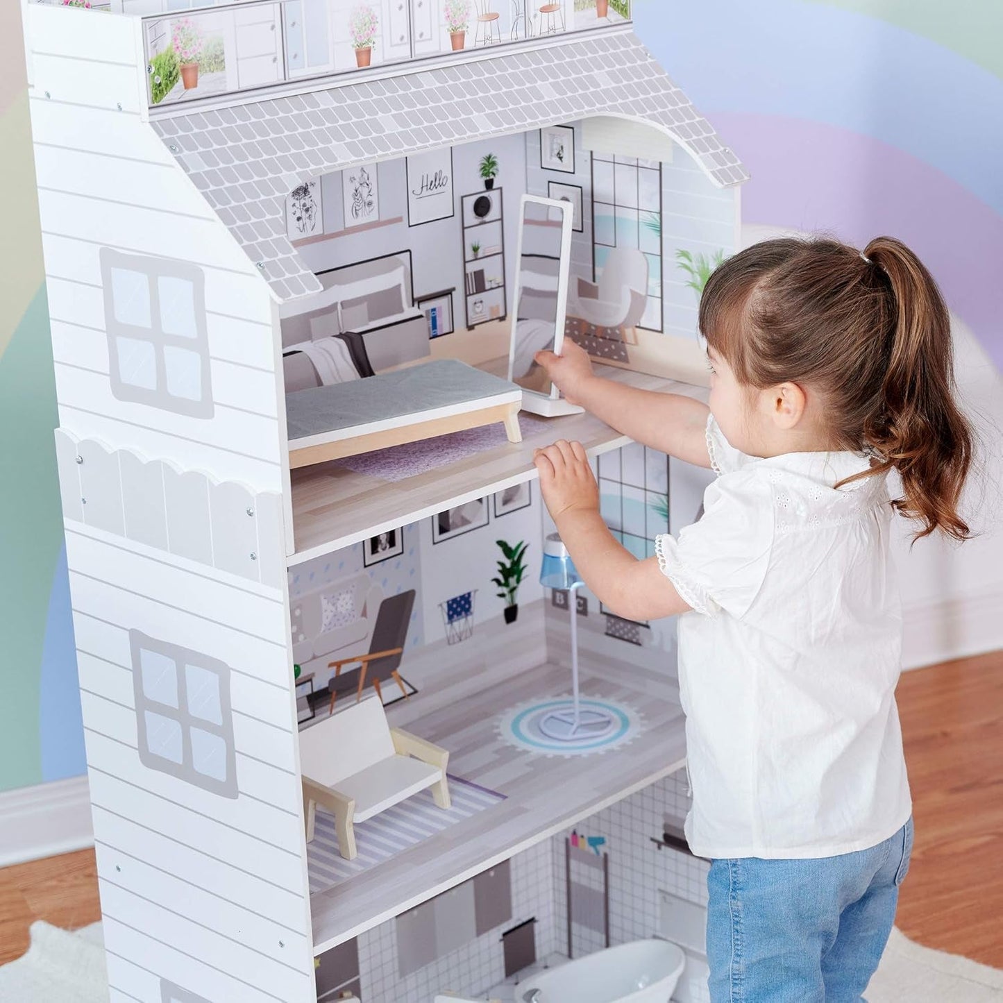 Teamson Kids Olivia's Little World Casa de muñecas gigante con muebles y accesorios, casa de muñecas de madera, juego de 3 niveles para muñecas de 30 cm, a partir de 3 años