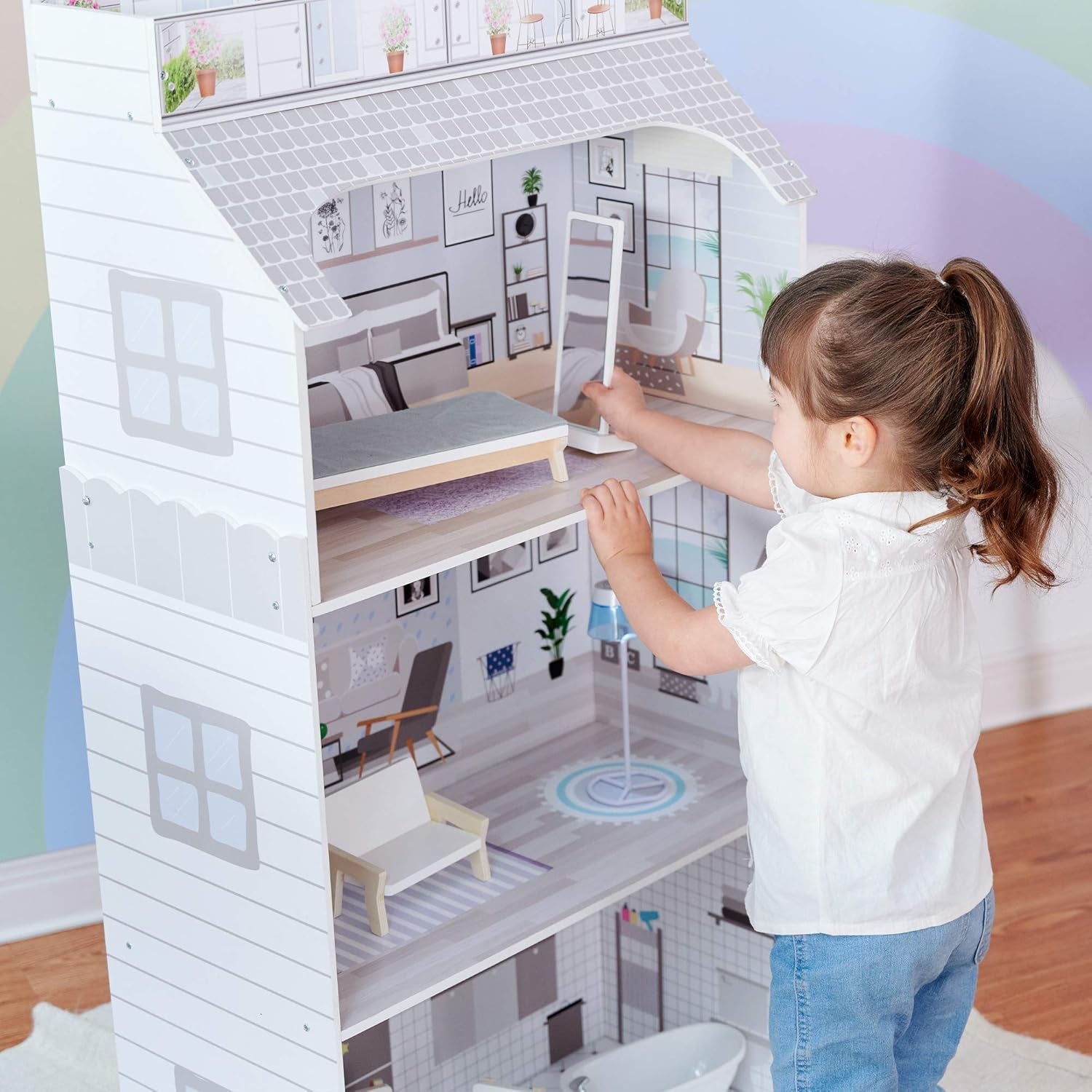 Teamson Kids Olivia's Little World Casa de muñecas gigante con muebles y accesorios, casa de muñecas de madera, juego de 3 niveles para muñecas de 30 cm, a partir de 3 años