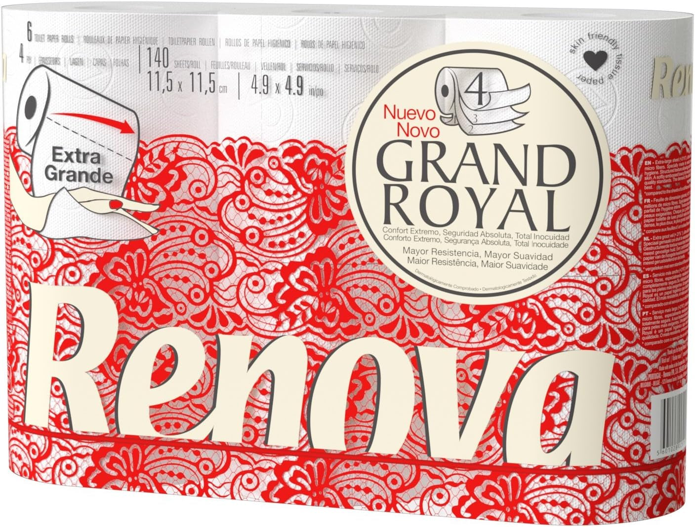 Papel higiénico Renova Renova Grand Royal 4 capas - 6 rollos, Grande (paquete de 5)