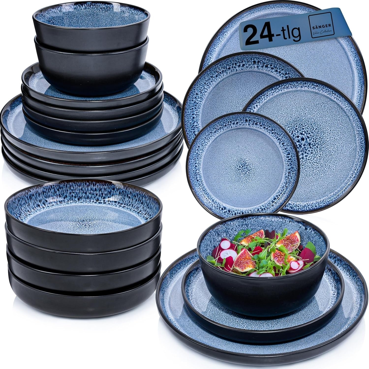 SÄNGER Aruba | Juego de vajilla de gres para 6 personas, 6 platos llanos, 6 platos de desayuno, 6 platos llanos, 6 cuencos para pasta, azul con borde negro | LA COLECCIÓN DE VALOR