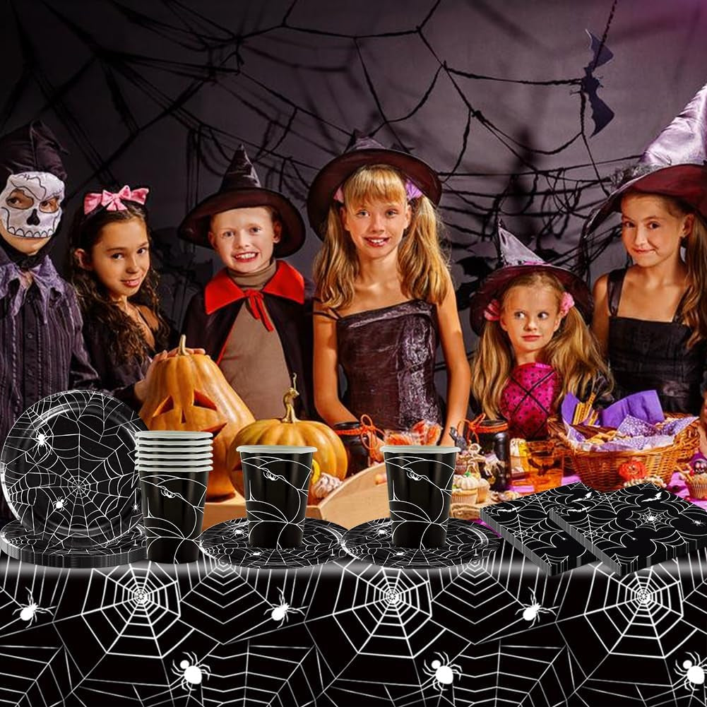 Juego de cubiertos de papel de araña de Halloween de 49 piezas que incluye platos, servilletas, vasos y mantel. Vajilla negra con platos de postre, servilletas y vasos.