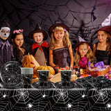 Juego de cubiertos de papel de araña de Halloween de 49 piezas que incluye platos, servilletas, vasos y mantel. Vajilla negra con platos de postre, servilletas y vasos.