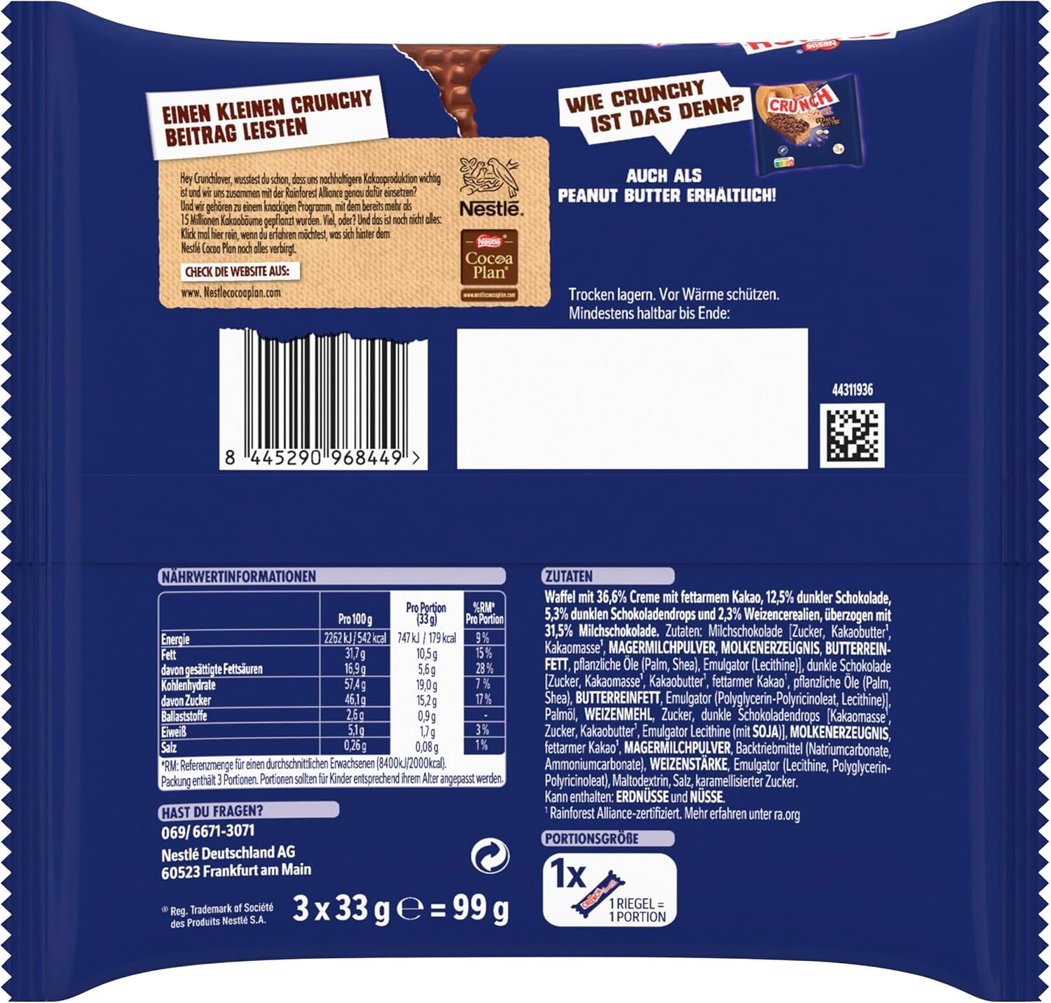 Nestlé CRUNCH Milk Bar, barra de chocolate crujiente con chocolate con leche y cereales, 1 paquete (3 x 33 g)