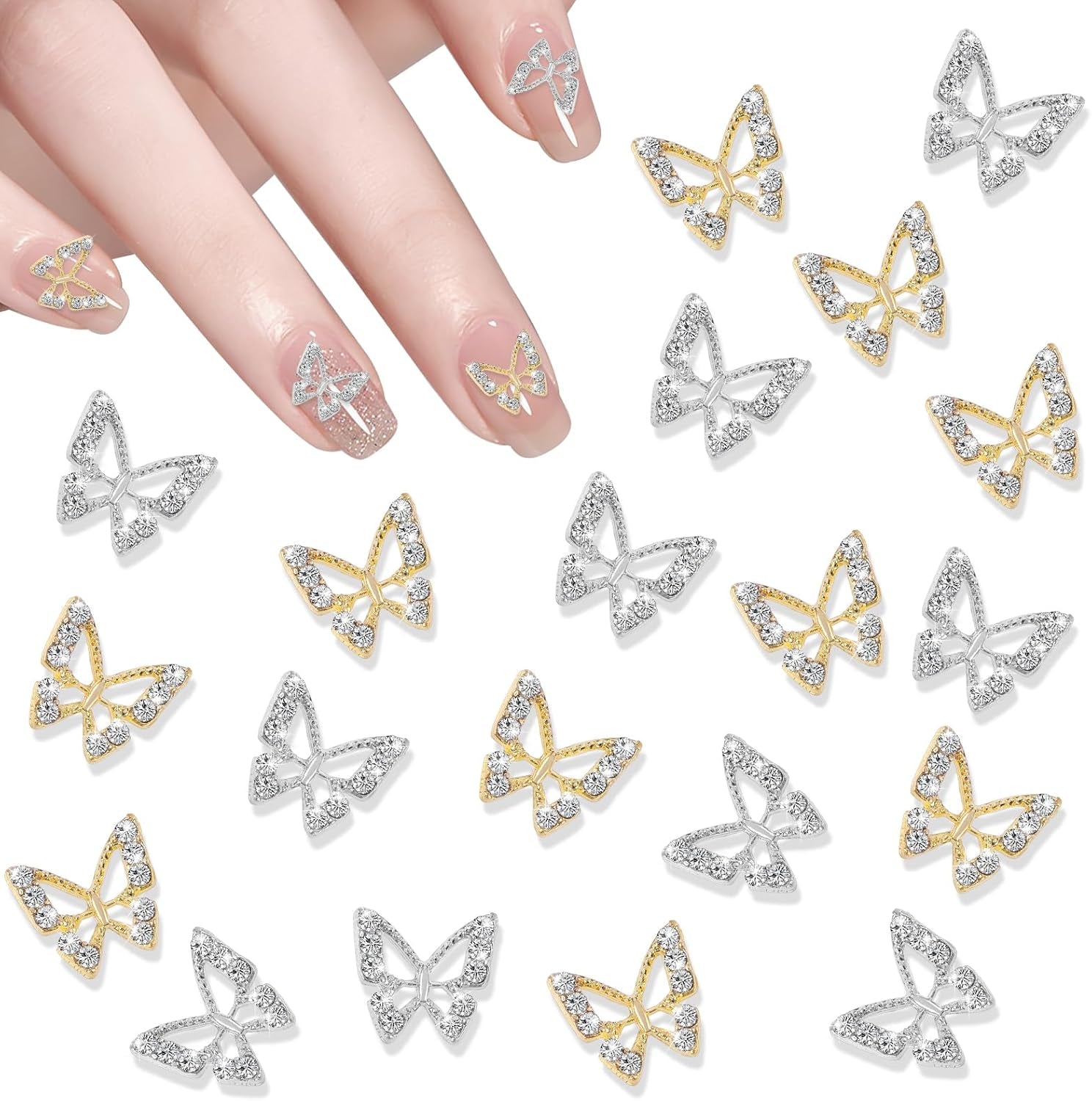 20 piezas de dijes de uñas de mariposa con purpurina, diamantes de imitación para decoración de uñas, piedras para uñas, arte de uñas de mariposa, diamantes de imitación, dijes de uñas para el día de San Valentín, decoración de caja de teléfono móvil DIY