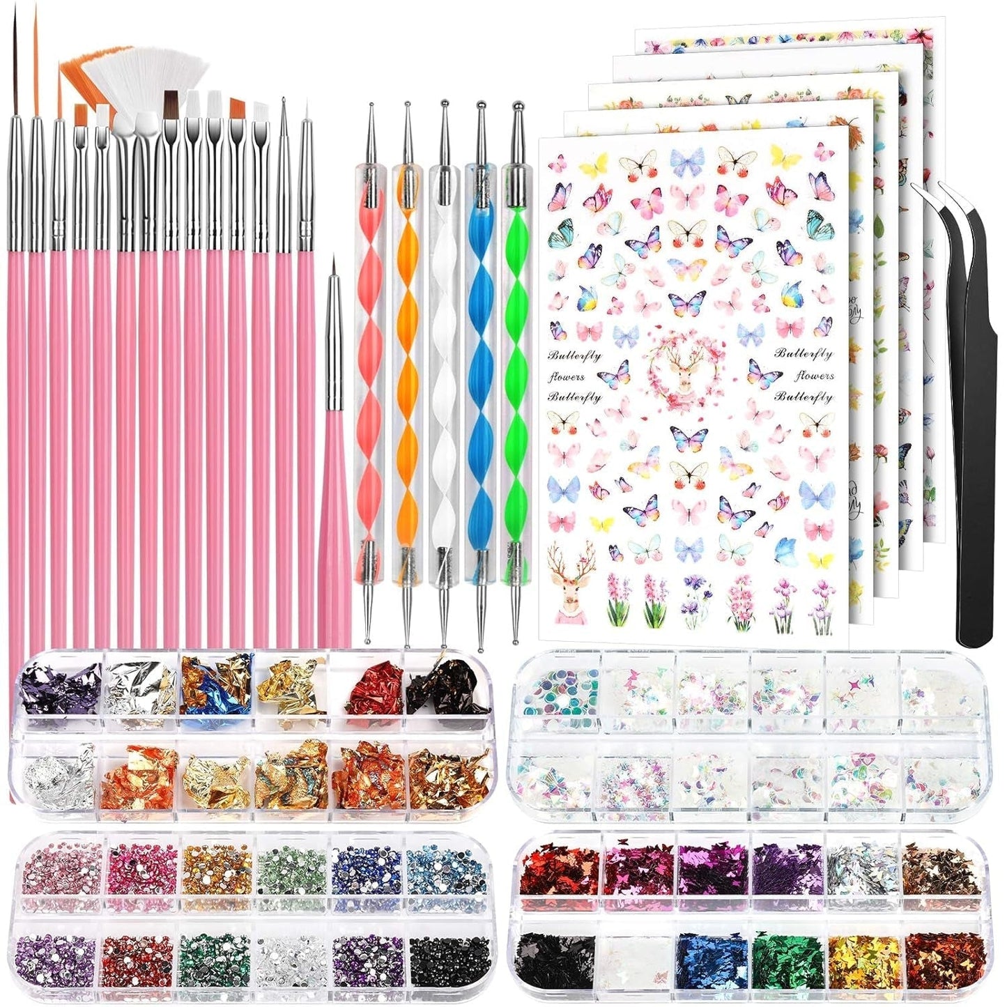 FANDAMEI Pinsel Für Gelnägel, 15 Pcs Nagel Pinsel, 5 Blätter Nagelsticker, Strasssteine ​​​​Nägel, Nageldesign Set, Nageldesign Zubehör, Nail Art Pinsel Set, Nailart Pinsel Und Dekorationen Set