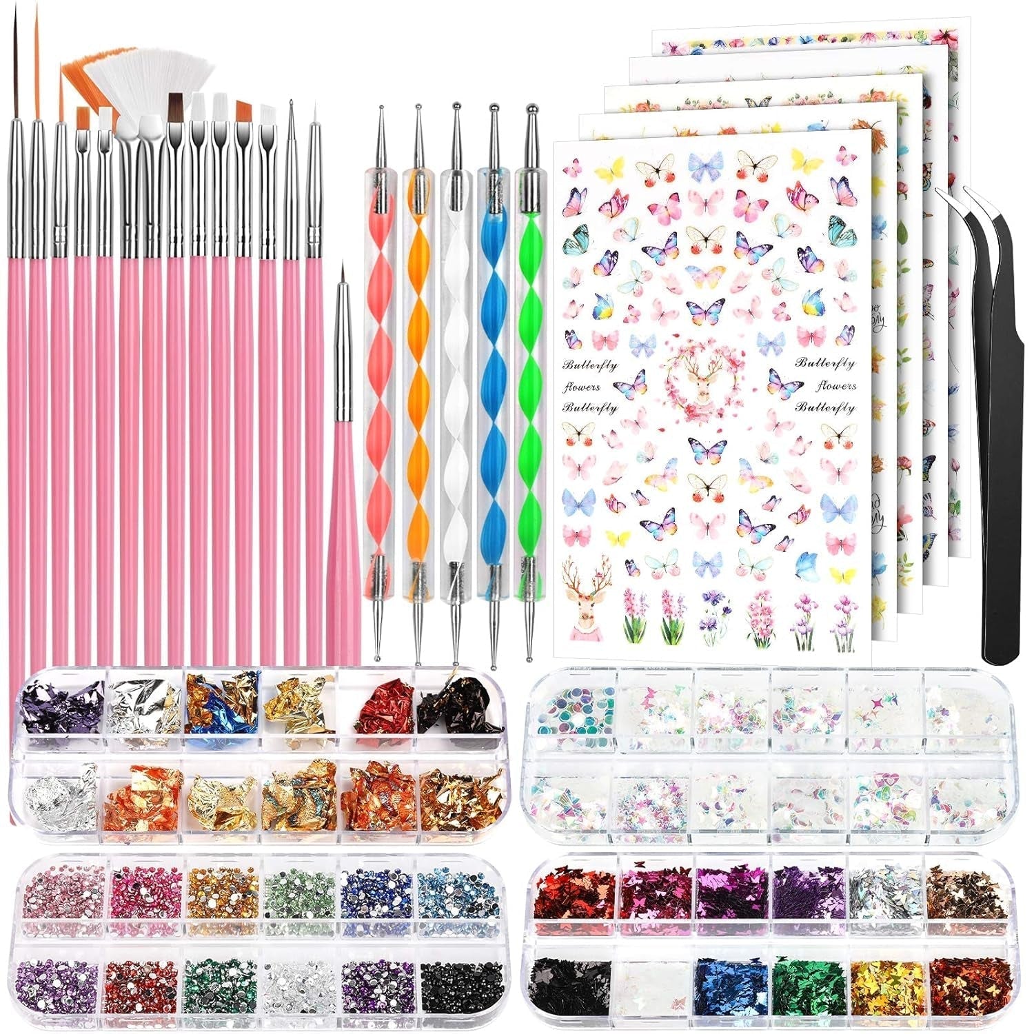 FANDAMEI Pinsel Für Gelnägel, 15 Pcs Nagel Pinsel, 5 Blätter Nagelsticker, Strasssteine ​​​​Nägel, Nageldesign Set, Nageldesign Zubehör, Nail Art Pinsel Set, Nailart Pinsel Und Dekorationen Set
