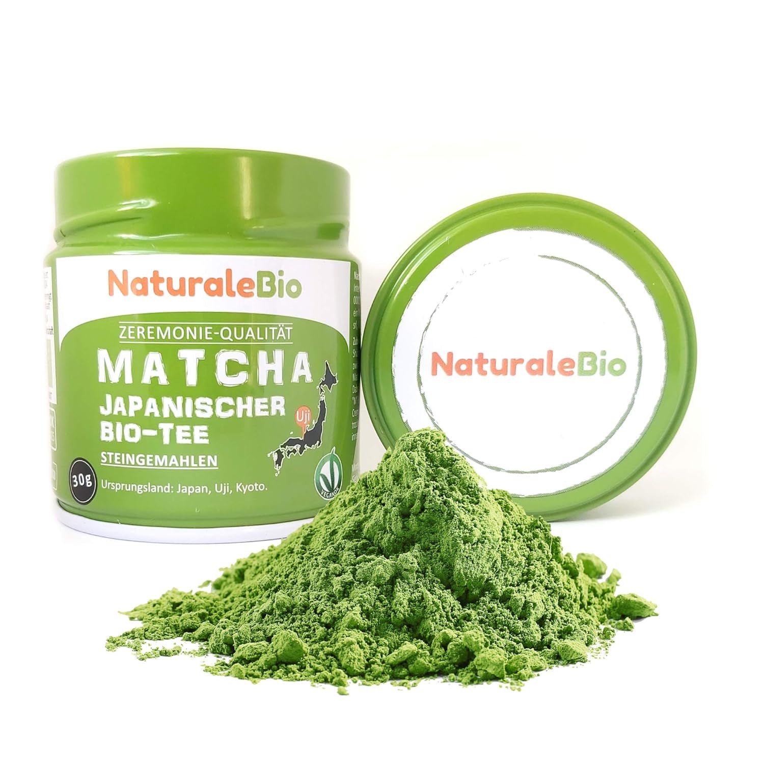 Naturalebio Té Matcha Grado Ceremonial en Polvo Té verde original de Japón. Té verde Matcha de grado ceremonial en polvo elaborado en Uji, Kioto. Ideal para beber, cocinar y tomar café con leche. Caja de 30g.