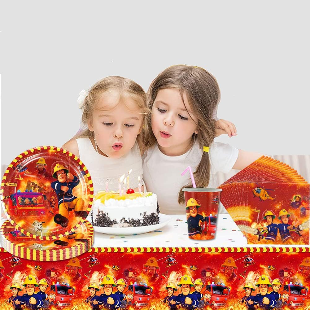 Juego de vajilla para fiesta temática de bomberos, decoraciones para fiesta de cumpleaños de bomberos, 61 piezas para 20 invitados