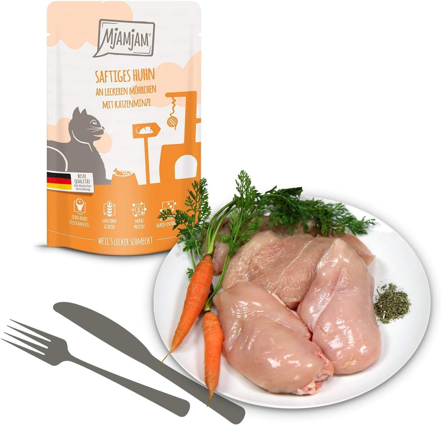 MjAMjAM - Comida húmeda premium para gatos - Paquete mixto I - Pollo, ternera y corazones Paquete de 12 (12 x 125 g), sin cereales y con carne extra