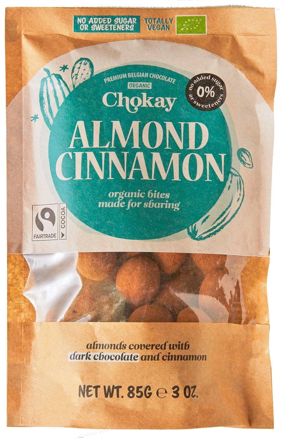 Bocaditos Orgánicos - Almendras con Canela y Almendras con Chocolate Belga Oscuro / Sin Azúcar Añadido, Sin Edulcorantes / Vegano y de Comercio Justo / 1 x 85g
