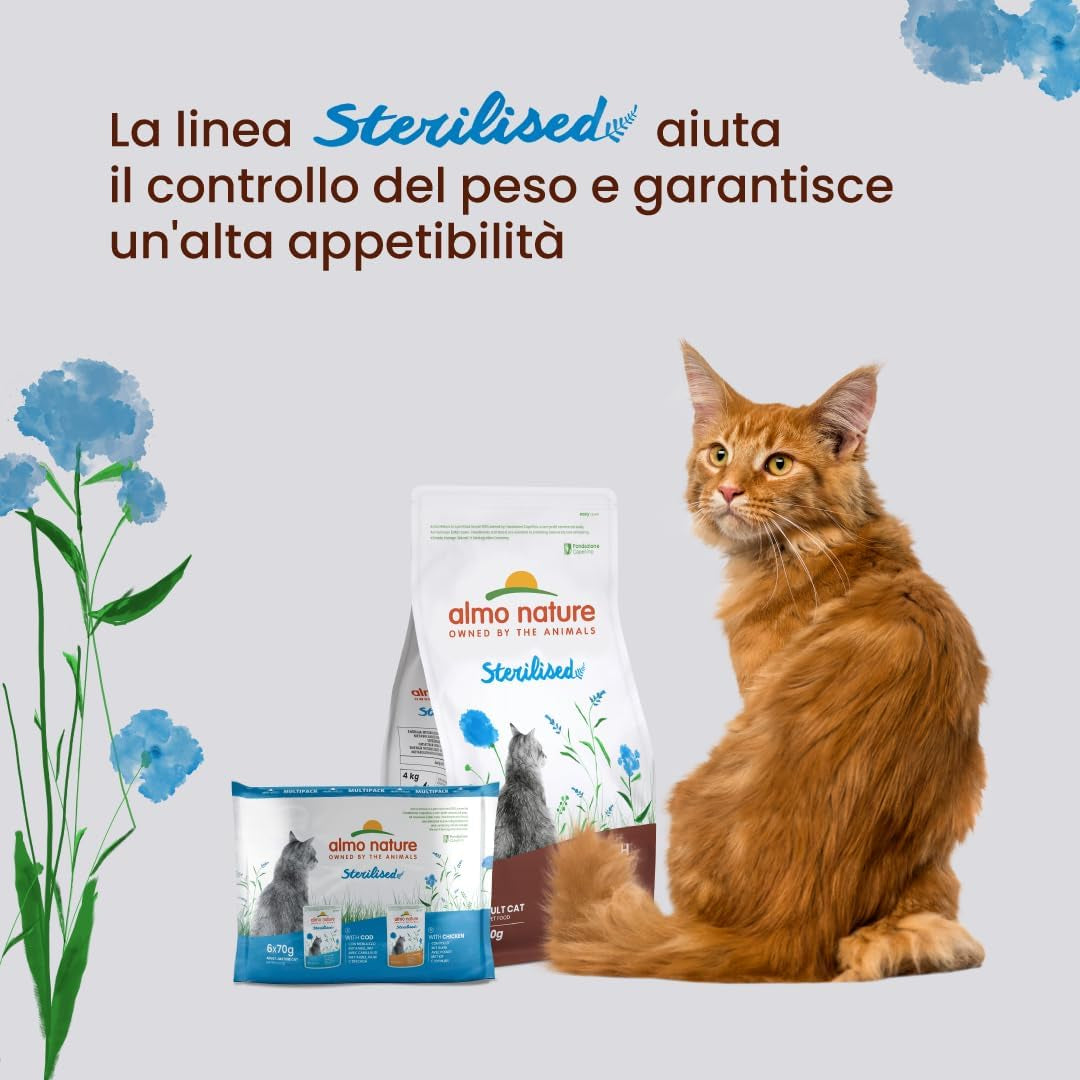 Almo Nature Functional - Esterilizado - Comida húmeda para gatos adultos y senior, esterilizados o menos activos - con bacalao y pollo - Bajo en grasas, hidratante - 70g (paquete de 6)