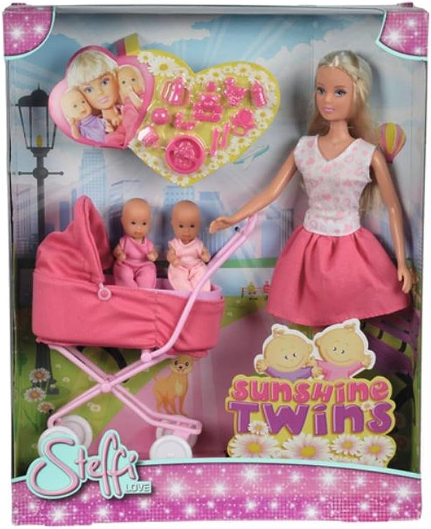 Simba Steffi Love Sunshine Twins - Muñeca con gemelos y cochecito, incluye accesorios como biberones y juguetes, variante con 2 muñecos a juego, juego de muñecos para niños a partir de 3 años