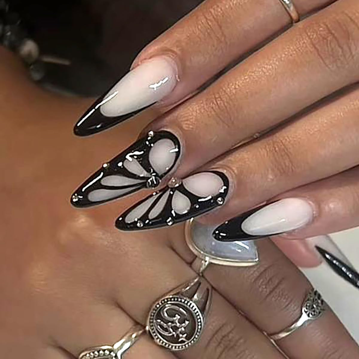 Mouyouglow-uñas largas Stiletto, color blanco lechoso, degradado, purpurina rosa, uñas postizas frescas con pegamento, uñas artificiales con purpurina rosa ombré
