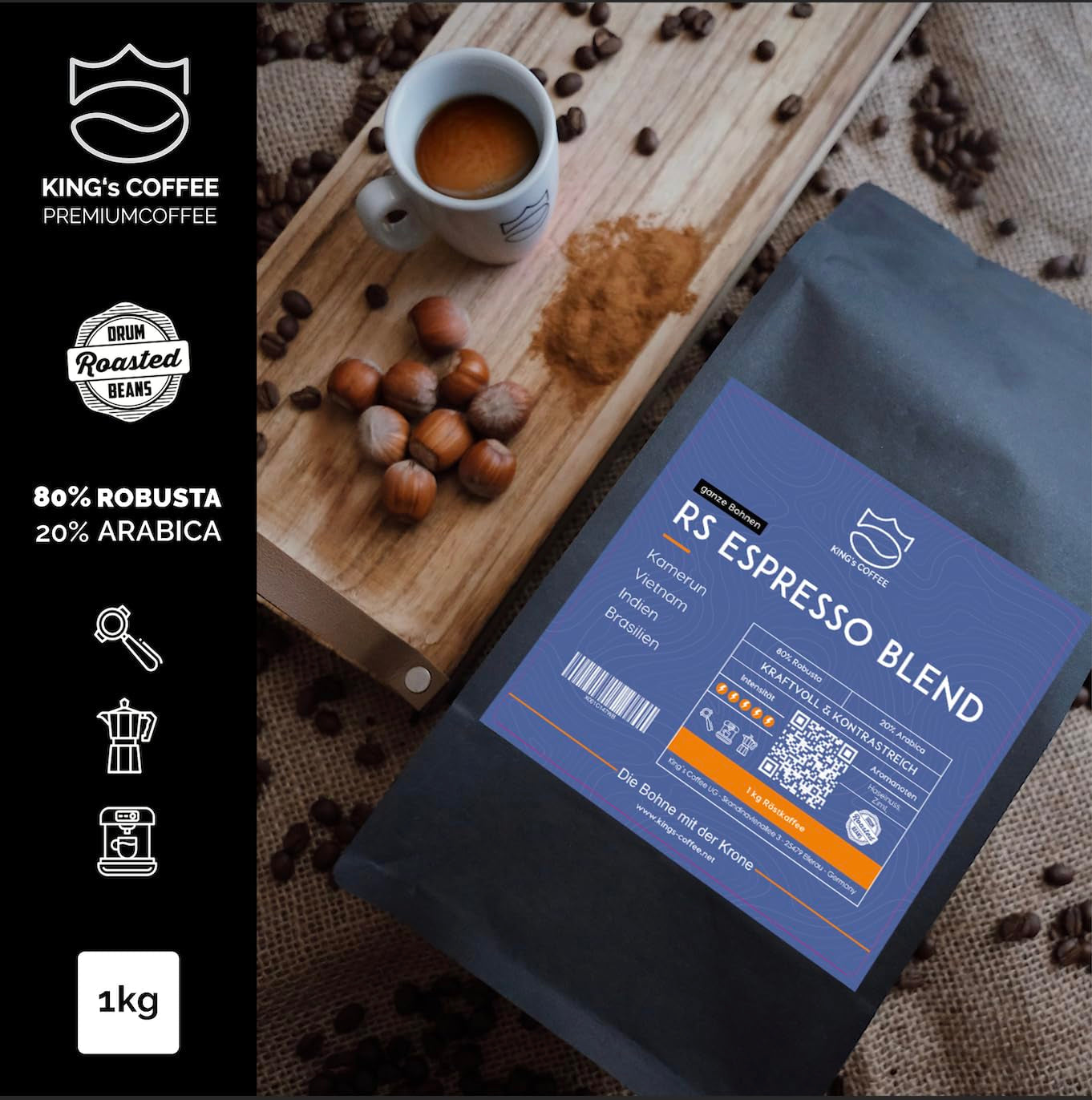 KING'S COFFEE - AMESTEC RS ESPRESSO - 1 kg de granos de café fuertes y aromáticos - café de baja acidez - café en grano entero - tostado en pequeñas cantidades procedente de Italia - granos de espresso para máquinas totalmente automáticas y portafiltros