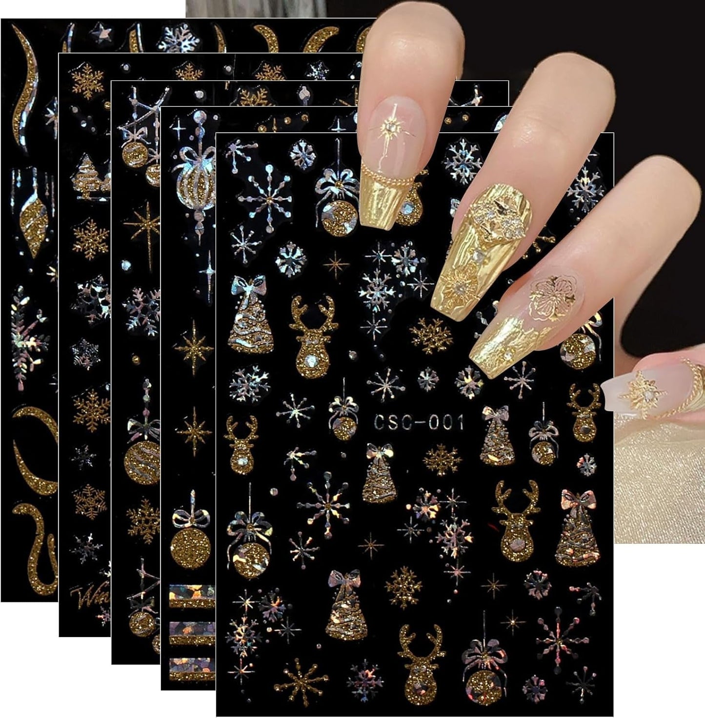 JMEOWIO Nagelsticker Weihnachten Gold Glitter Silver 8 Blatt Nail Art Sticker Selbstklebend Nagelaufkleber Schneeflocke Winterurlaub Dekoration Nageldesign Zubehör