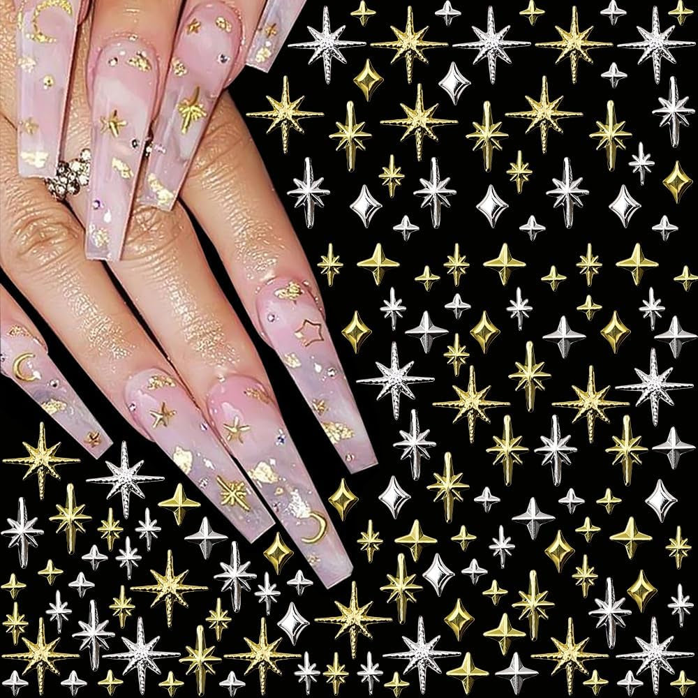 120 piezas de dijes de uñas de estrella dorada y plateada, uñas Y2K de estrella, dijes de uñas de estrella de metal, tamaños mixtos, tornillos para uñas, diseño de uñas de estrella, arte de uñas, dijes de estrellas 3D, decoración de uñas, dijes de uñas, accesorios para uñas