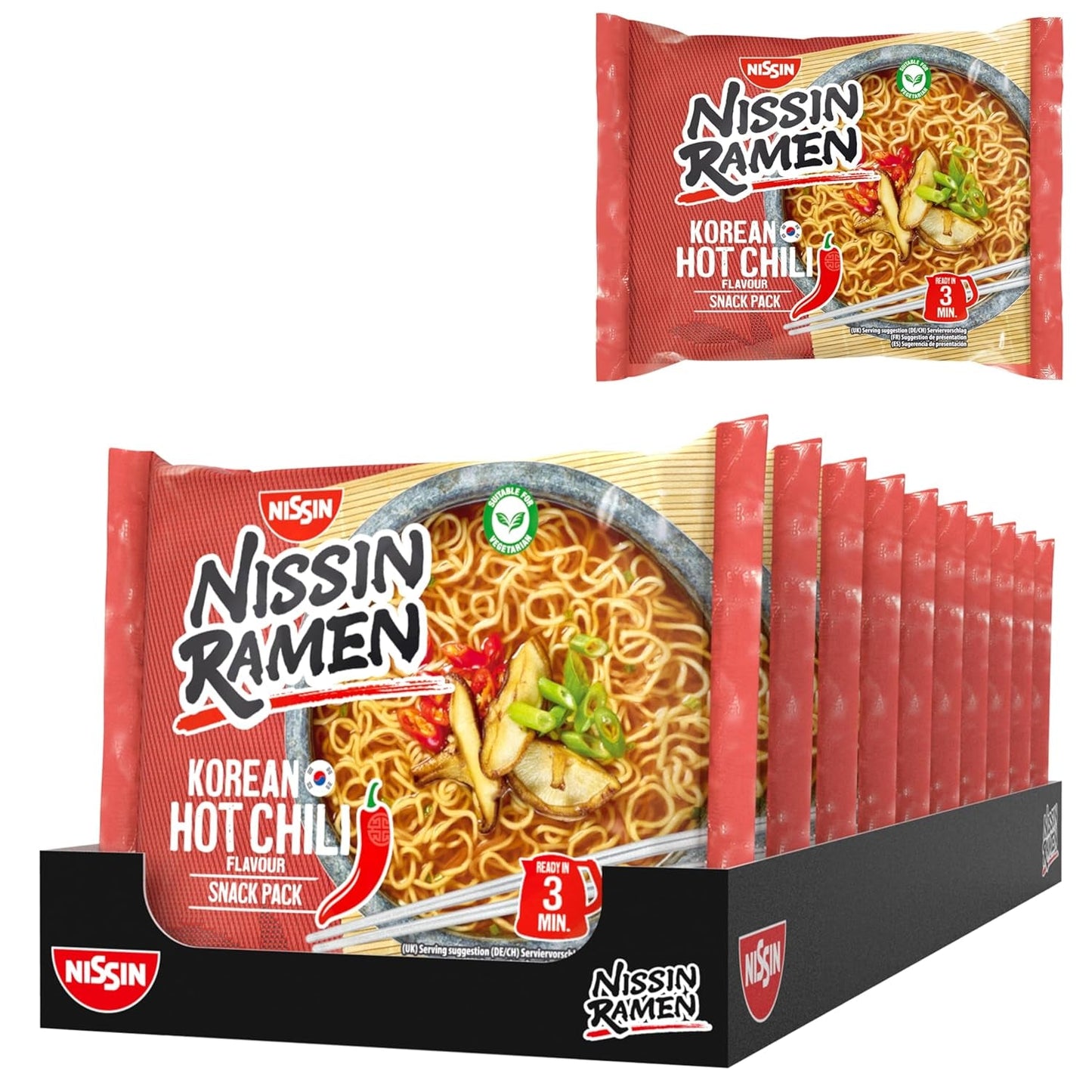 Nissin Ramen - Chile Picante Coreano Paquete de 10 Fideos Instantáneos Estilo Asiático Basados ​​en una Receta Coreana Comida Asiática Rápida y Fácil de Preparar (10 x 65,2g)